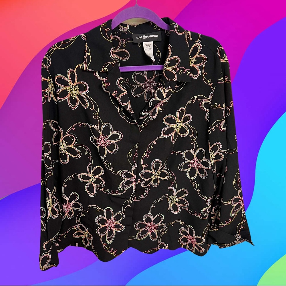 Vintage Sag Harbor funky rainbow daisy doodles blouse